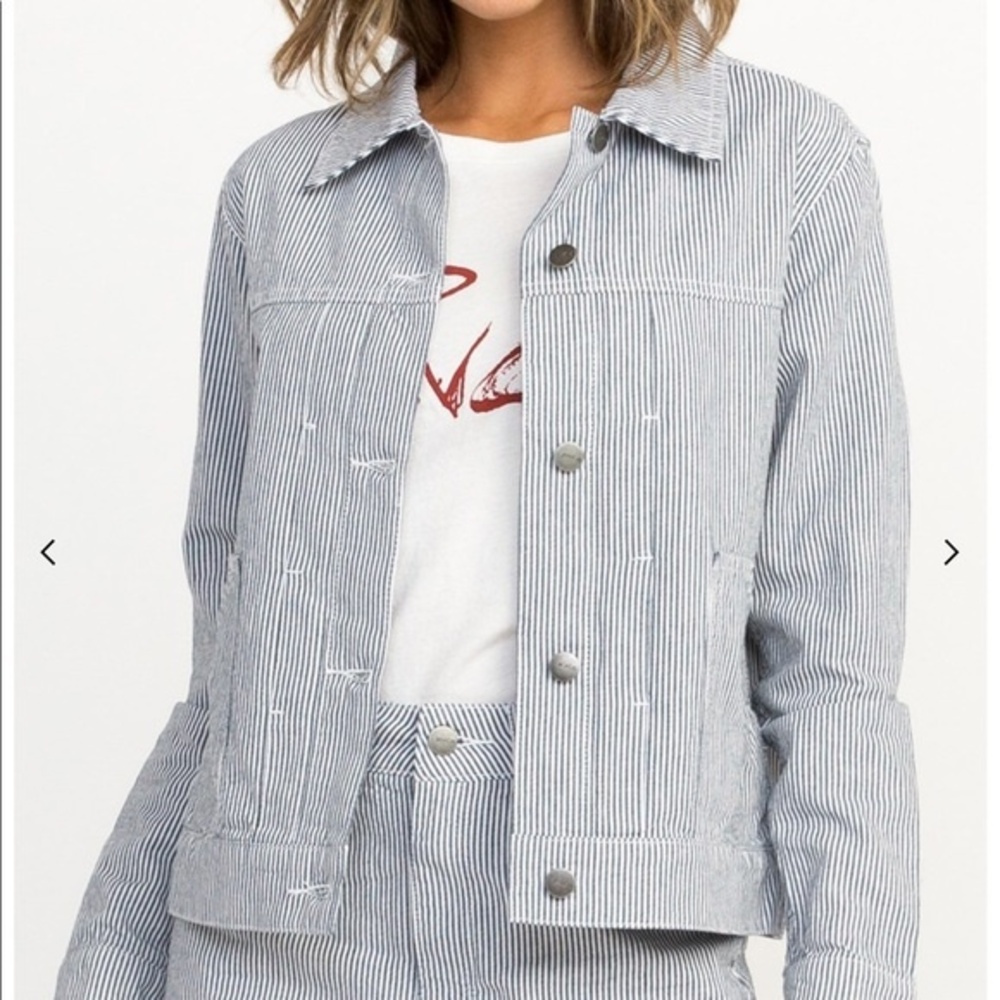 RVCA Garn Railroad Stripe Denim Jacket Navy White Size S